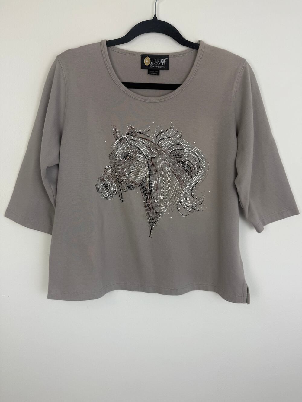 Vintage Christine Alexander Womens Horse Bedazzled Taupe 3/4 Sleeve Shirt XL
